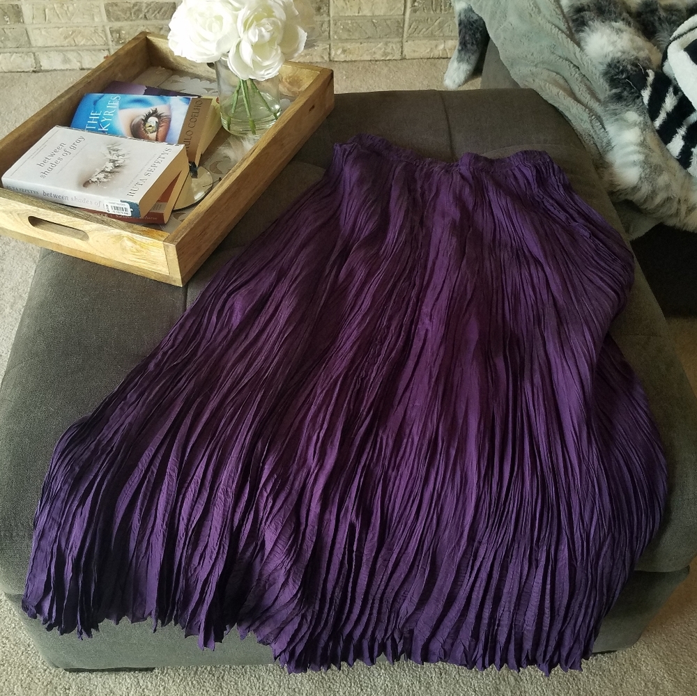 Silk Purple Pleated Maxi Skirt with Elastic Waist
